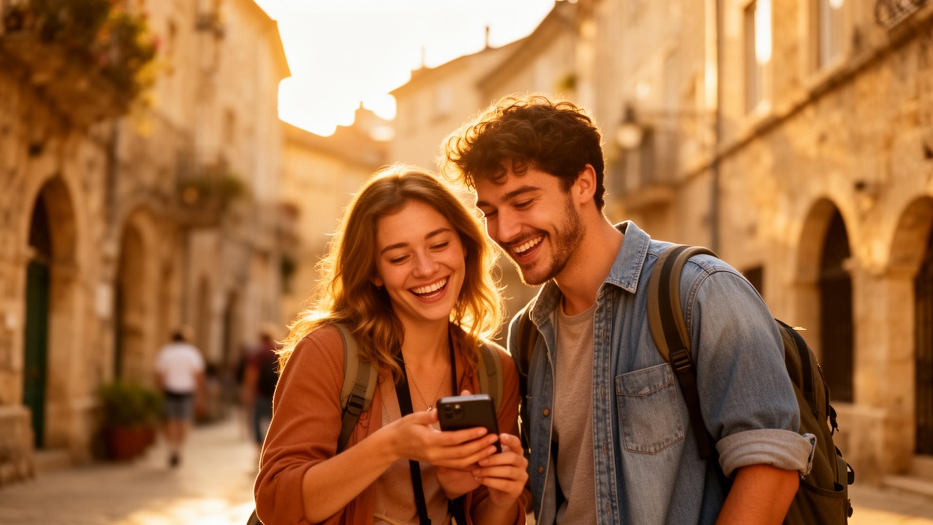 Happy travelers looking at their phone in a sunny European city